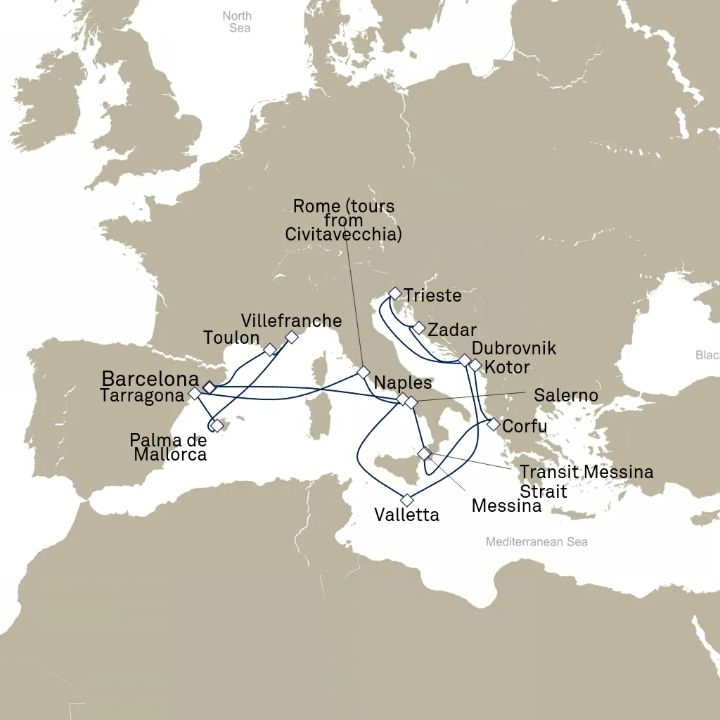 Carte de l’itinéraire Queen Victoria, Barcelone, Espagne → Barcelone, Espagne