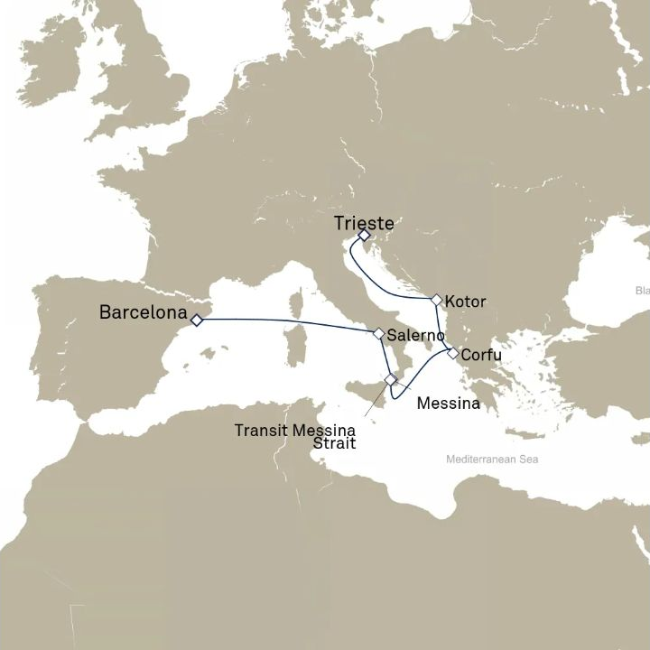 Carte de l’itinéraire Queen Victoria, Barcelone, Espagne → Trieste, Italie