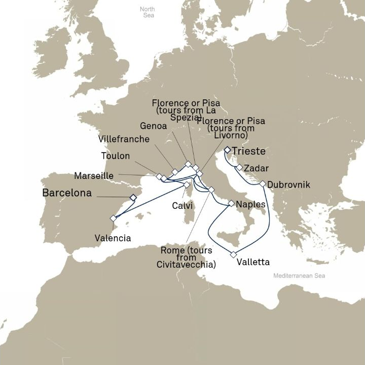 Carte de l’itinéraire Queen Victoria, Trieste, Italie → Barcelone, Espagne