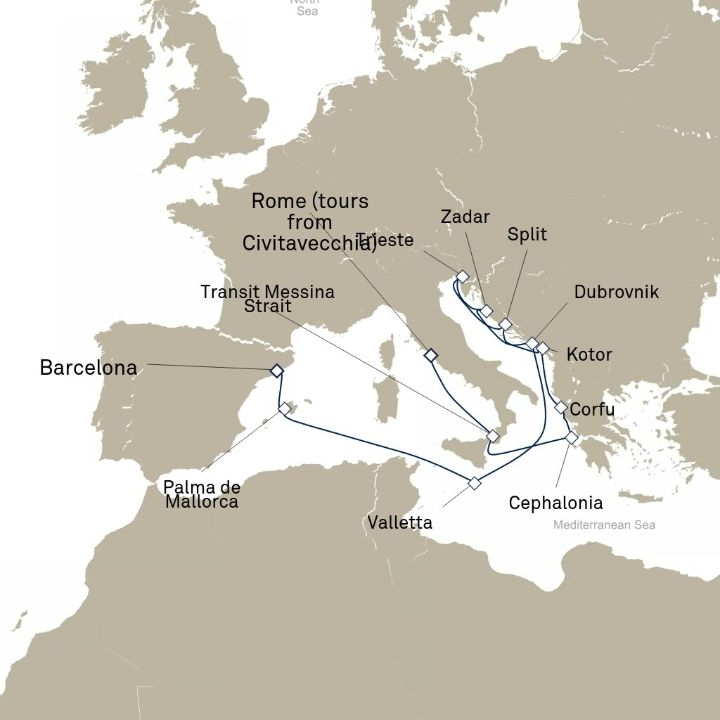Carte de l’itinéraire Queen Victoria, Civitavecchia (excursions vers Rome), Italie → Barcelone, Espagne