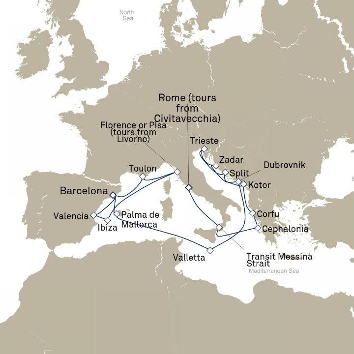 Carte de l’itinéraire Queen Victoria, Civitavecchia (excursions vers Rome), Italie → Barcelone, Espagne