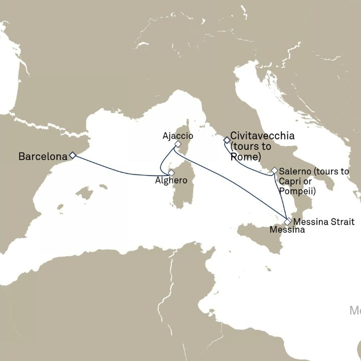 Carte de l’itinéraire Queen Victoria, Barcelone, Espagne → Civitavecchia (excursions vers Rome), Italie
