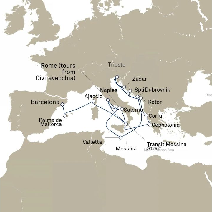 Carte de l’itinéraire Queen Victoria, Barcelone, Espagne → Civitavecchia (excursions vers Rome), Italie