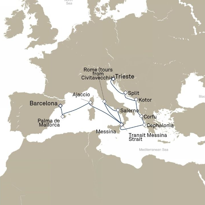 Carte de l’itinéraire Queen Victoria, Barcelone, Espagne → Trieste, Italie