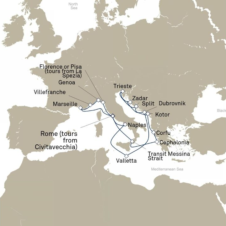 Carte de l’itinéraire Queen Victoria, Civitavecchia (excursions vers Rome), Italie → Civitavecchia (excursions vers Rome), Italie