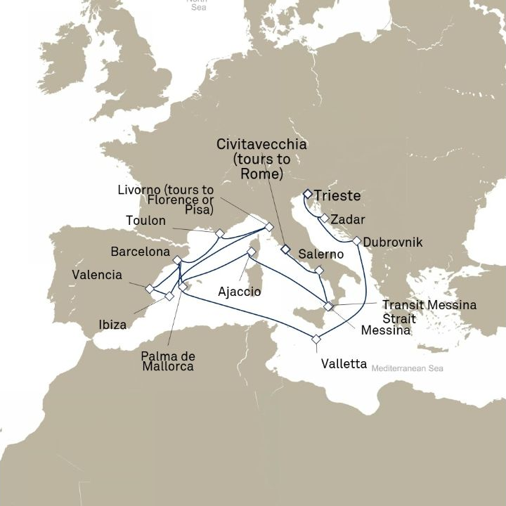 Carte de l’itinéraire Queen Victoria, Trieste, Italie → Civitavecchia (excursions vers Rome), Italie