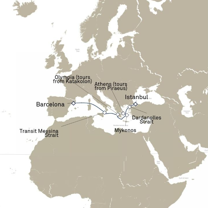 Carte de l’itinéraire Queen Victoria, Istanbul, Turquie → Barcelone, Espagne