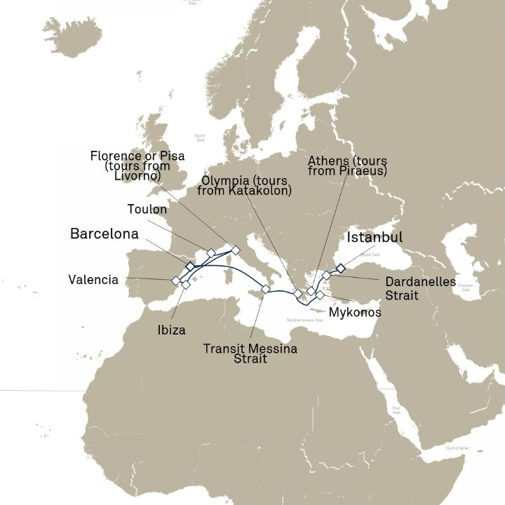 Carte de l’itinéraire Queen Victoria, Istanbul, Turquie → Barcelone, Espagne