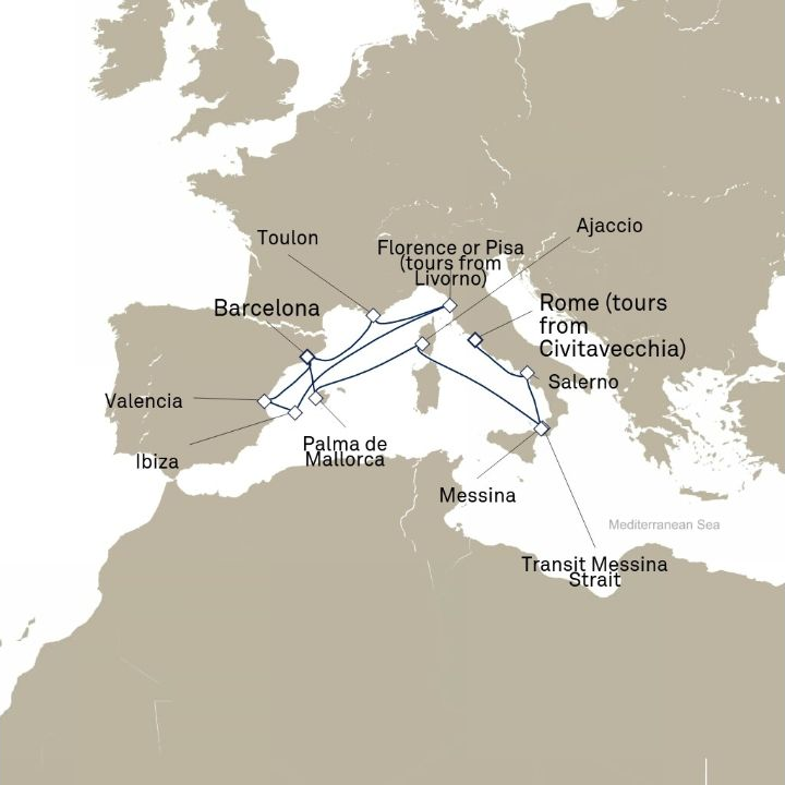 Carte de l’itinéraire Queen Victoria, Barcelone, Espagne → Civitavecchia (excursions vers Rome), Italie