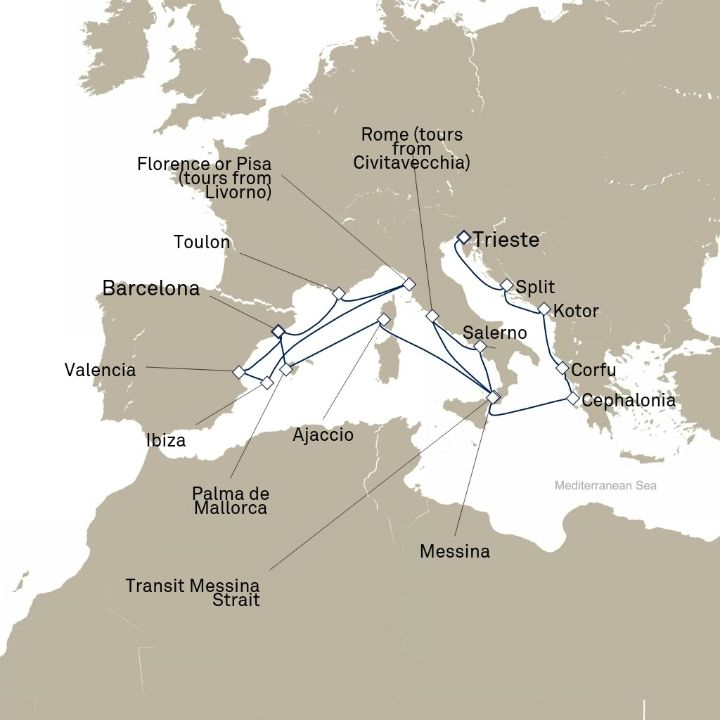 Carte de l’itinéraire Queen Victoria, Barcelone, Espagne → Trieste, Italie