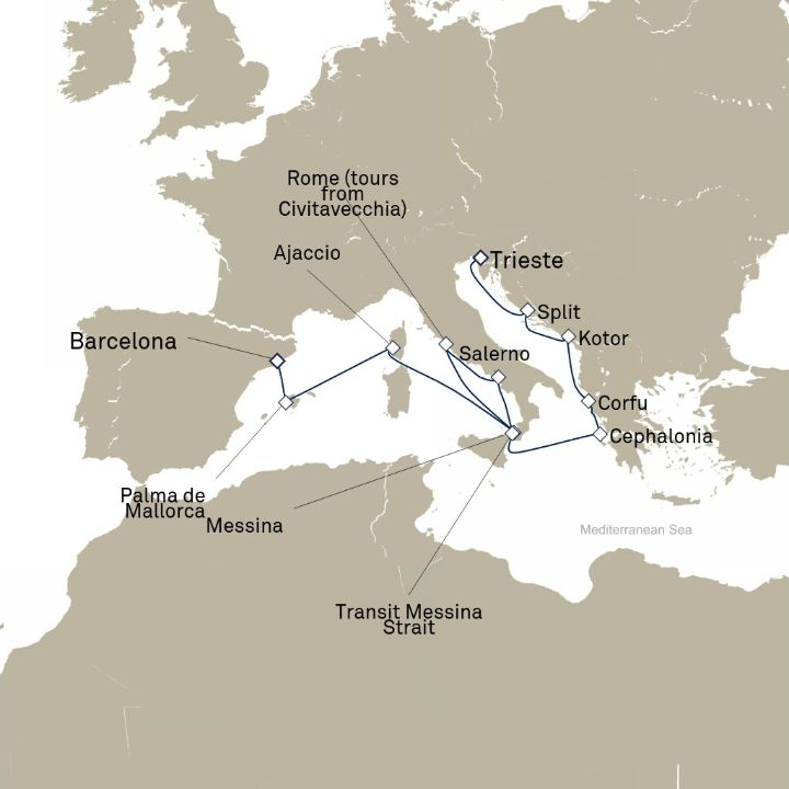 Carte de l’itinéraire Queen Victoria, Barcelone, Espagne → Trieste, Italie