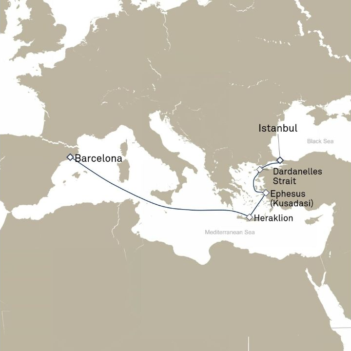 Carte de l’itinéraire Queen Victoria, Barcelone, Espagne → Istanbul, Turquie