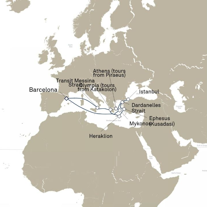 Carte de l’itinéraire Queen Victoria, Barcelone, Espagne → Barcelone, Espagne