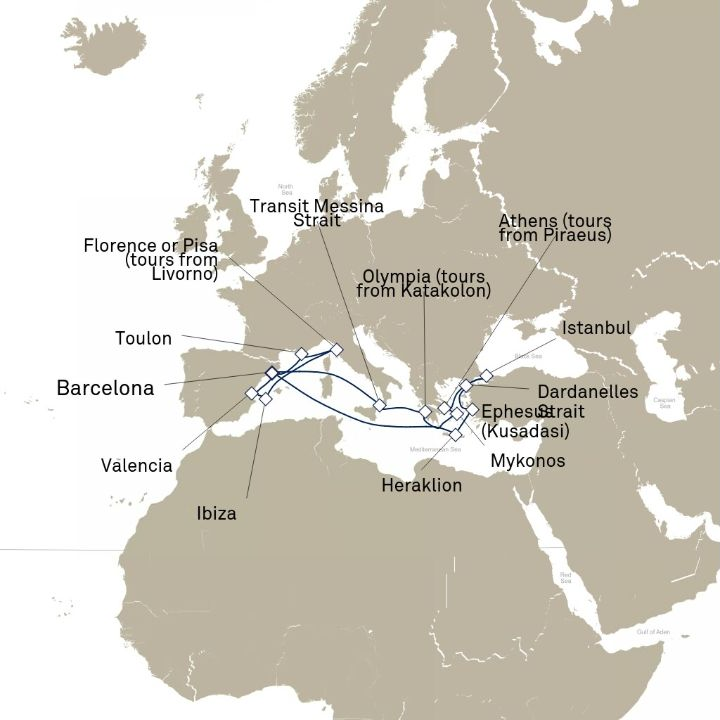 Carte de l’itinéraire Queen Victoria, Barcelone, Espagne → Barcelone, Espagne