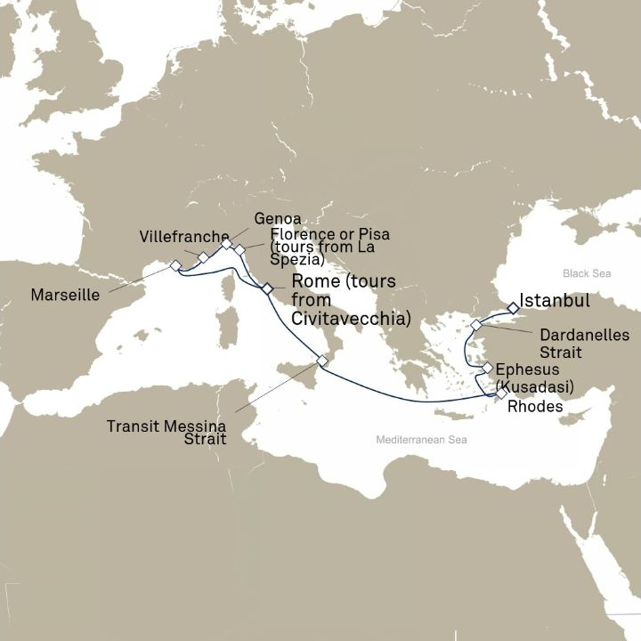 Carte de l’itinéraire Queen Victoria, Civitavecchia (excursions vers Rome), Italie → Istanbul, Turquie
