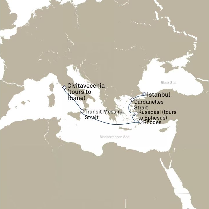 Carte de l’itinéraire Queen Victoria, Civitavecchia (excursions vers Rome), Italie → Istanbul, Turquie