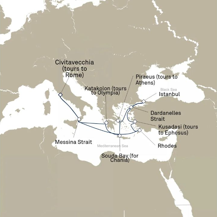 Carte de l’itinéraire Queen Victoria, Civitavecchia (excursions vers Rome), Italie → Civitavecchia (excursions vers Rome), Italie