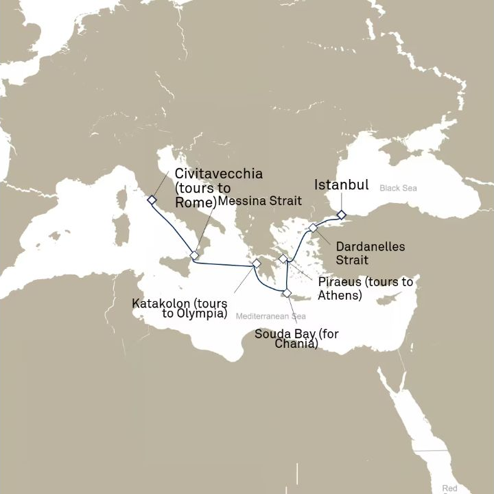 Carte de l’itinéraire Queen Victoria, Istanbul, Turquie → Civitavecchia (excursions vers Rome), Italie
