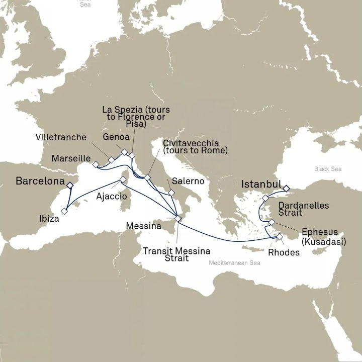 Carte de l’itinéraire Queen Victoria, Barcelone, Espagne → Istanbul, Turquie