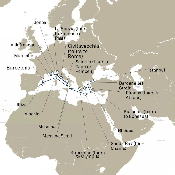 Carte de l’itinéraire Queen Victoria, Barcelone, Espagne → Civitavecchia (excursions vers Rome), Italie