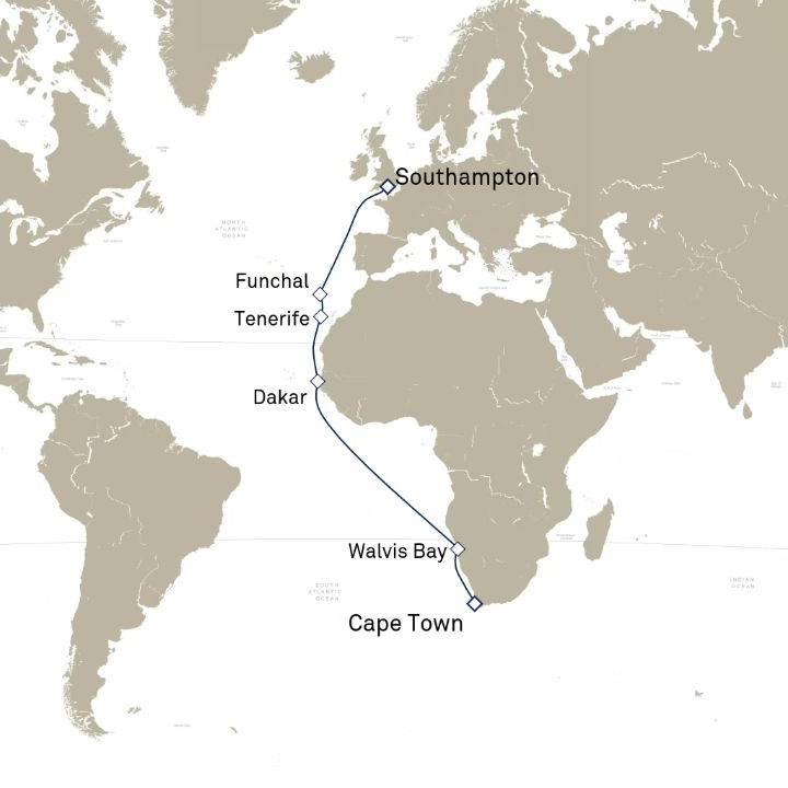 Carte de l’itinéraire Queen Victoria, Le Cap, Afrique du Sud → Southampton, Angleterre, Royaume-Uni