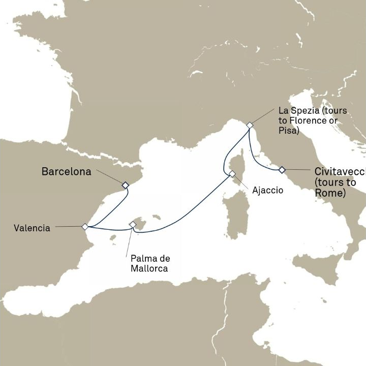 Carte de l’itinéraire Queen Victoria, Civitavecchia (excursions vers Rome), Italie → Barcelone, Espagne