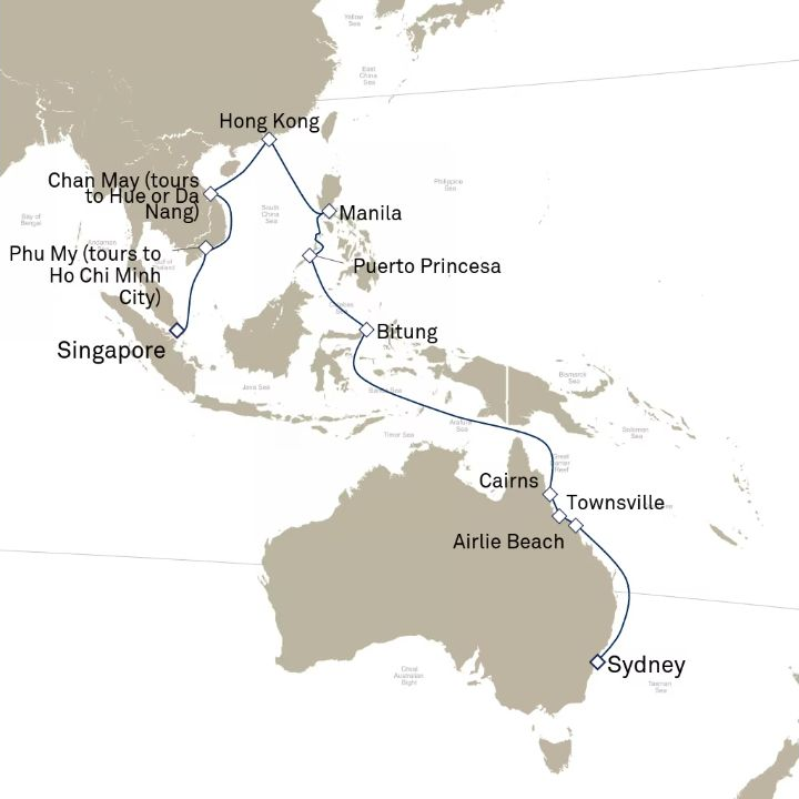 Carte de l’itinéraire Queen Victoria, Sydney, NSW, Australie → Singapour