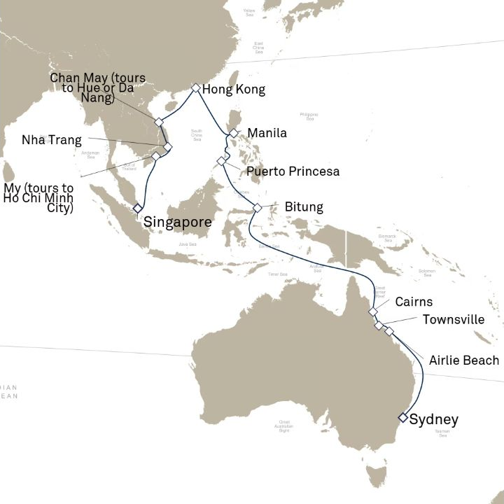 Carte de l’itinéraire Queen Victoria, Sydney, NSW, Australie → Singapour