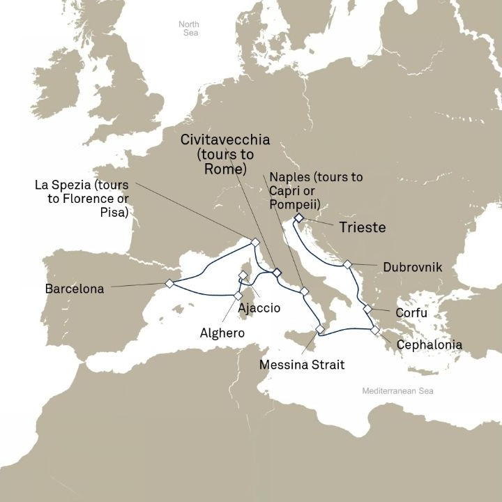Carte de l’itinéraire Queen Victoria, Trieste, Italie → Civitavecchia (excursions vers Rome), Italie