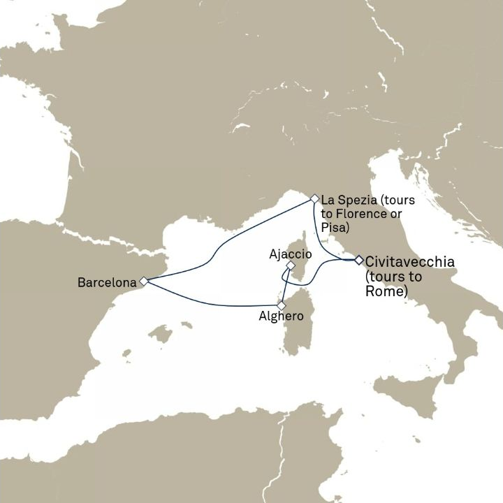 Carte de l’itinéraire Queen Victoria, Civitavecchia (excursions vers Rome), Italie → Civitavecchia (excursions vers Rome), Italie