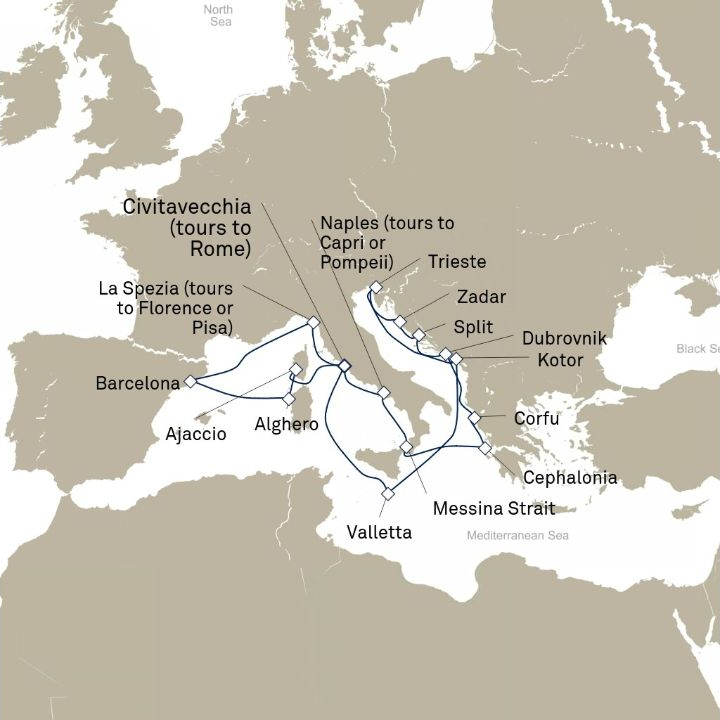 Carte de l’itinéraire Queen Victoria, Civitavecchia (excursions vers Rome), Italie → Civitavecchia (excursions vers Rome), Italie