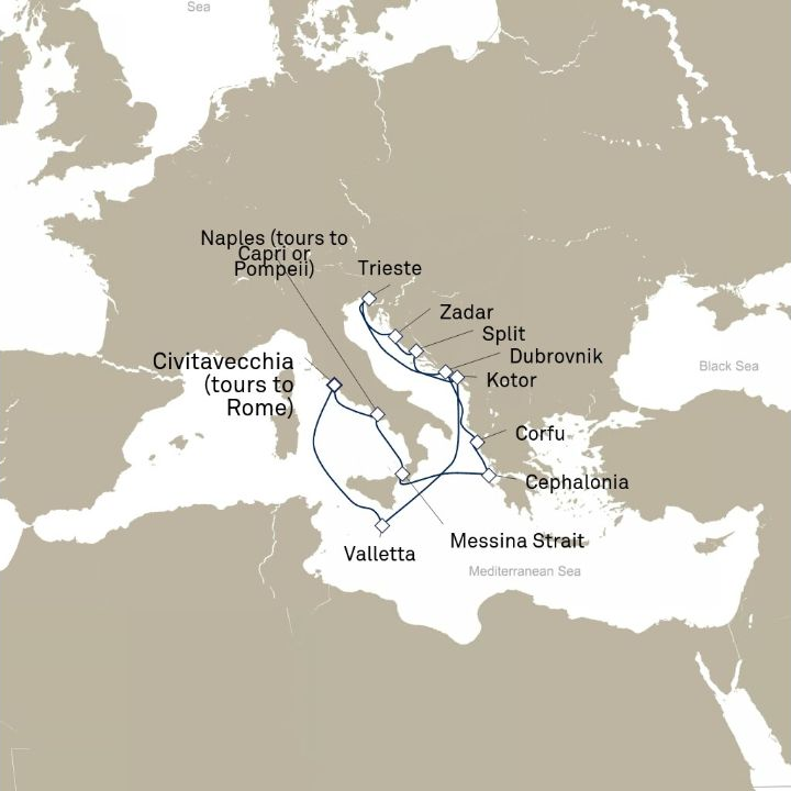 Carte de l’itinéraire Queen Victoria, Civitavecchia (excursions vers Rome), Italie → Civitavecchia (excursions vers Rome), Italie