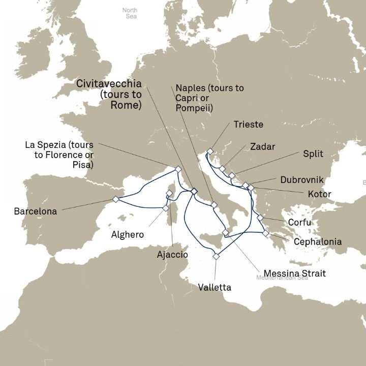 Carte de l’itinéraire Queen Victoria, Civitavecchia (excursions vers Rome), Italie → Civitavecchia (excursions vers Rome), Italie