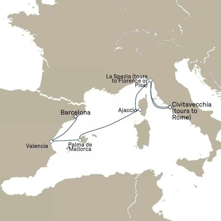 Carte de l’itinéraire Queen Victoria, Barcelone, Espagne → Civitavecchia (excursions vers Rome), Italie