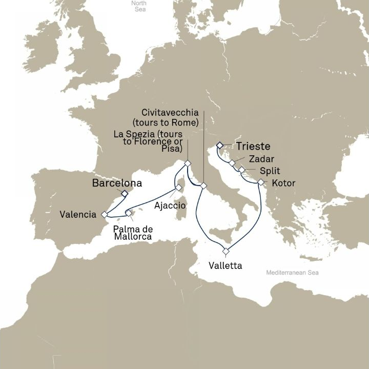 Carte de l’itinéraire Queen Victoria, Barcelone, Espagne → Trieste, Italie