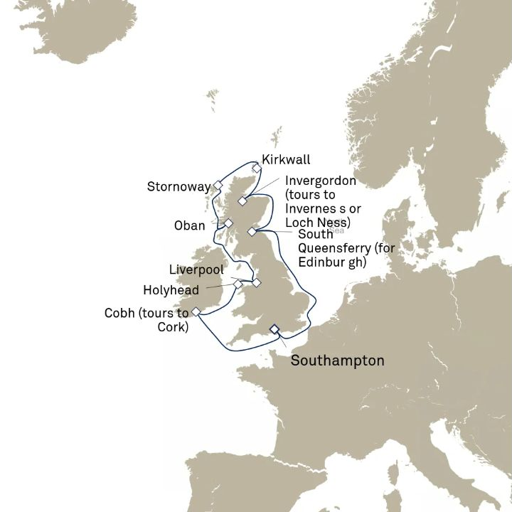 Carte de l’itinéraire Queen Victoria, Southampton, Angleterre, Royaume-Uni → Southampton, Angleterre, Royaume-Uni