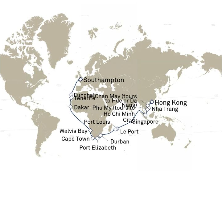 Carte de l’itinéraire Queen Victoria, Hong Kong, Chine → Southampton, Angleterre, Royaume-Uni