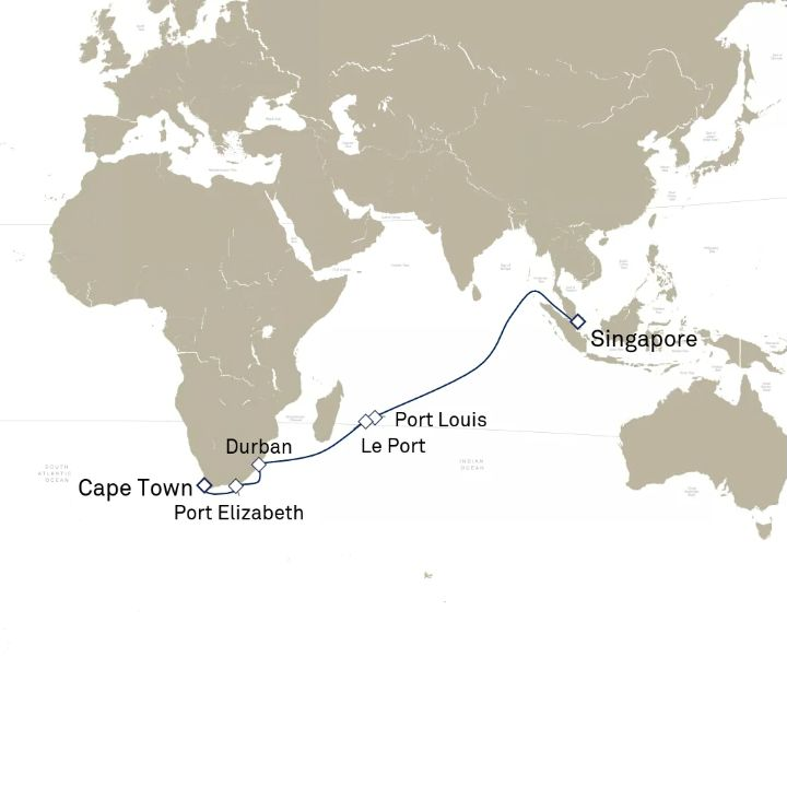 Carte de l’itinéraire Queen Victoria, Singapour → Le Cap, Afrique du Sud