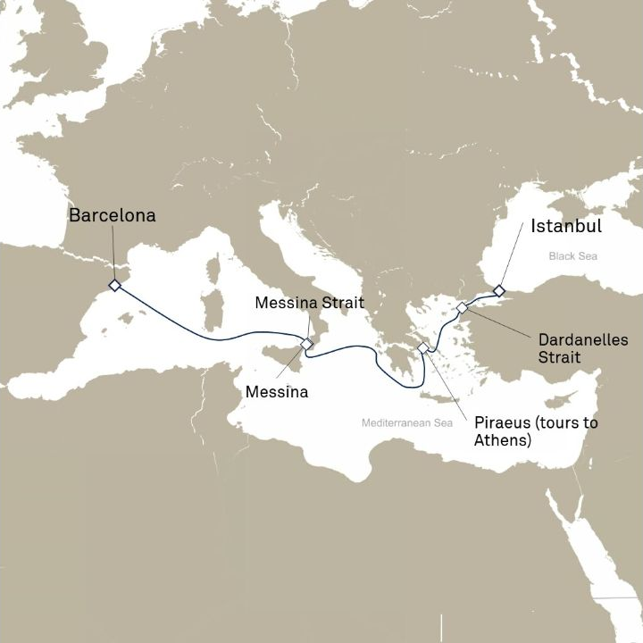Carte de l’itinéraire Queen Victoria, Barcelone, Espagne → Istanbul, Turquie