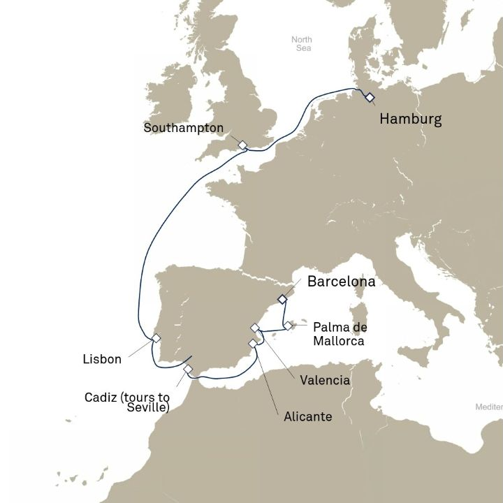 Carte de l’itinéraire Queen Victoria, Hamburg, Allemagne → Barcelone, Espagne