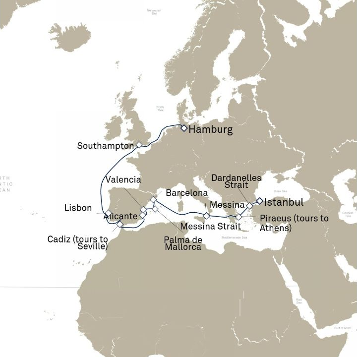 Carte de l’itinéraire Queen Victoria, Hamburg, Allemagne → Istanbul, Turquie