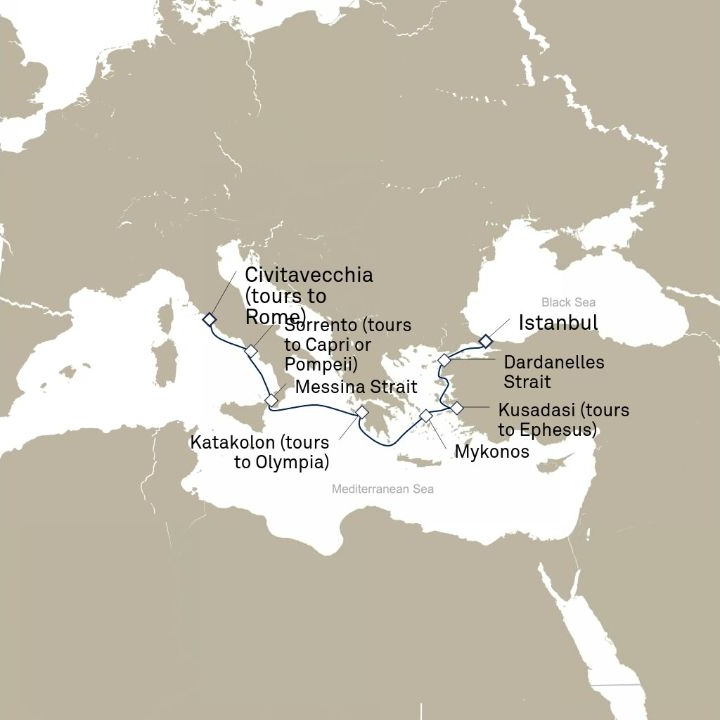 Carte de l’itinéraire Queen Victoria, Istanbul, Turquie → Civitavecchia (excursions vers Rome), Italie