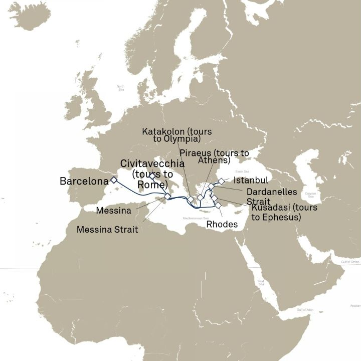 Carte de l’itinéraire Queen Victoria, Barcelone, Espagne → Civitavecchia (excursions vers Rome), Italie