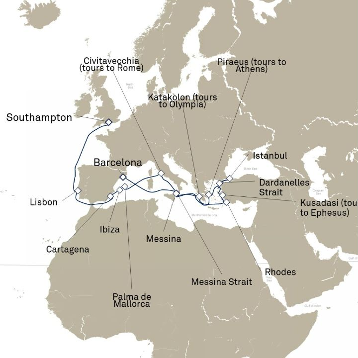 Carte de l’itinéraire Queen Victoria, Barcelone, Espagne → Southampton, Angleterre, Royaume-Uni