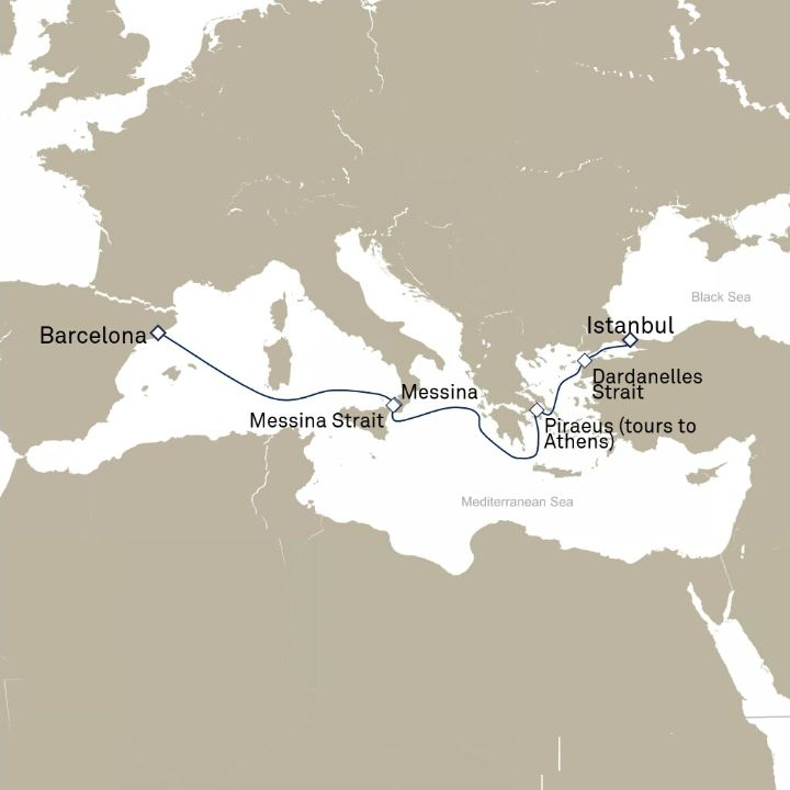 Carte de l’itinéraire Queen Victoria, Barcelone, Espagne → Istanbul, Turquie