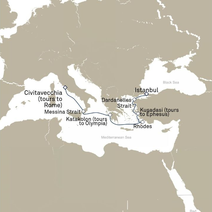 Carte de l’itinéraire Queen Victoria, Istanbul, Turquie → Civitavecchia (excursions vers Rome), Italie