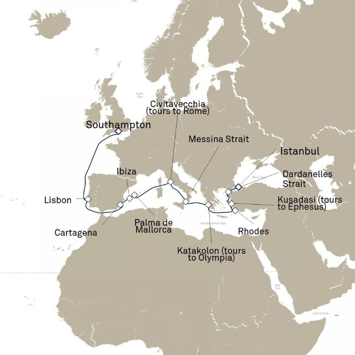 Carte de l’itinéraire Queen Victoria, Istanbul, Turquie → Southampton, Angleterre, Royaume-Uni
