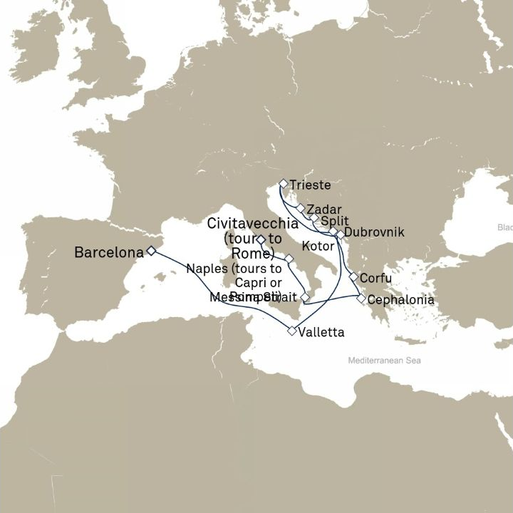 Carte de l’itinéraire Queen Victoria, Barcelone, Espagne → Civitavecchia (excursions vers Rome), Italie