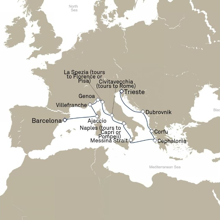 Carte de l’itinéraire Queen Victoria, Trieste, Italie → Barcelone, Espagne