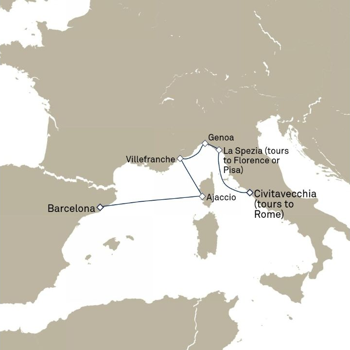 Carte de l’itinéraire Queen Victoria, Civitavecchia (excursions vers Rome), Italie → Barcelone, Espagne